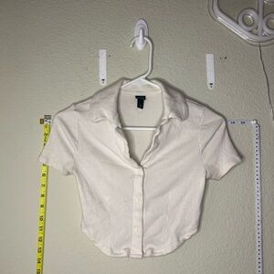 Cream Ribbed Collared Crop Top